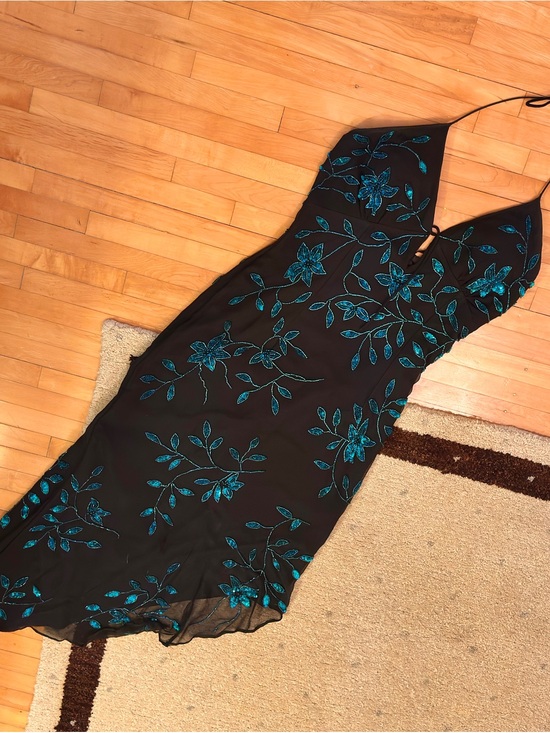 Cache Dresses & Skirts - Cache Black Midi Slip Dress with Teal Floral Embroidery
